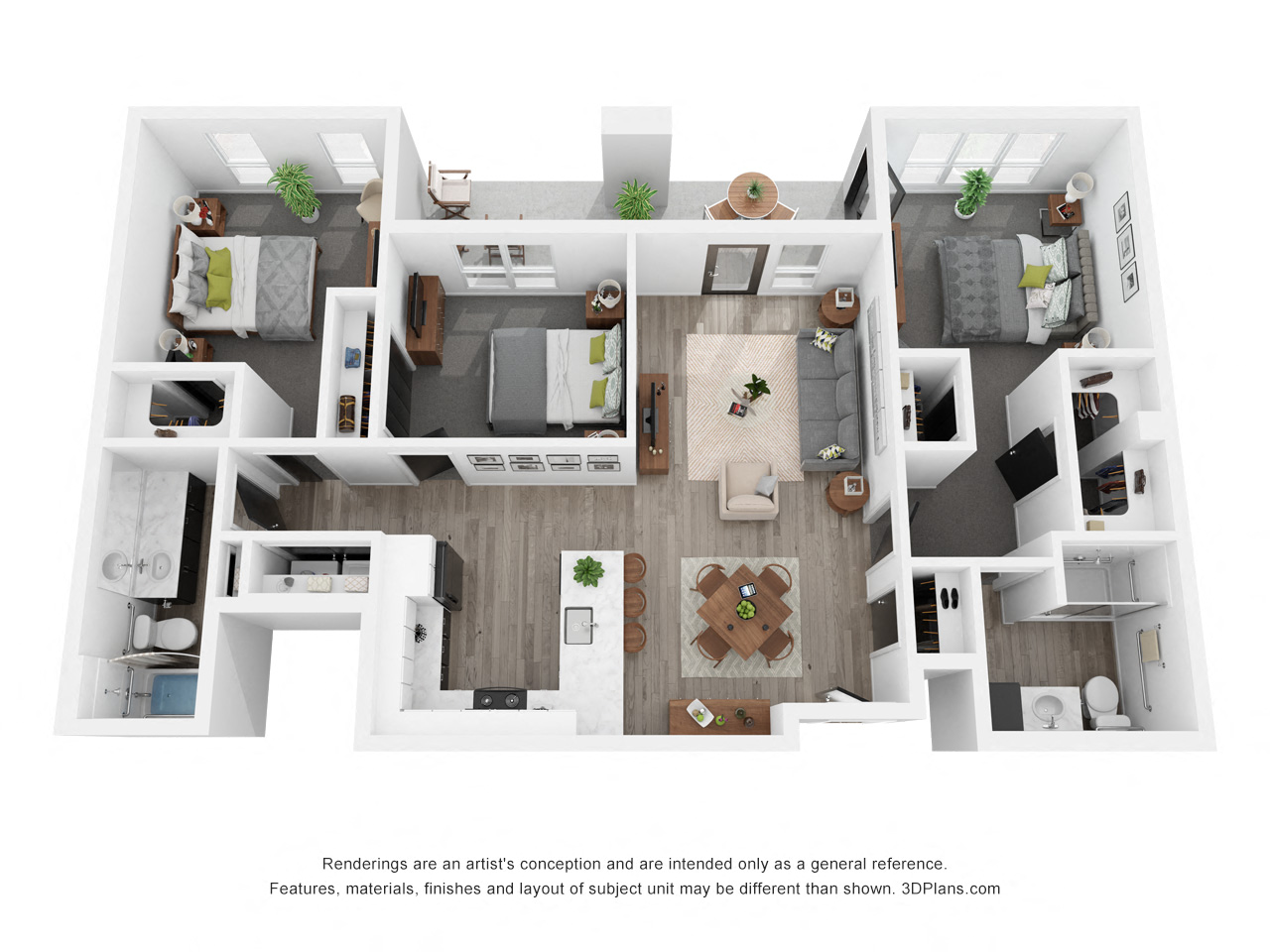 Floor plan for 3 beds, 2 baths, 1279 sqft